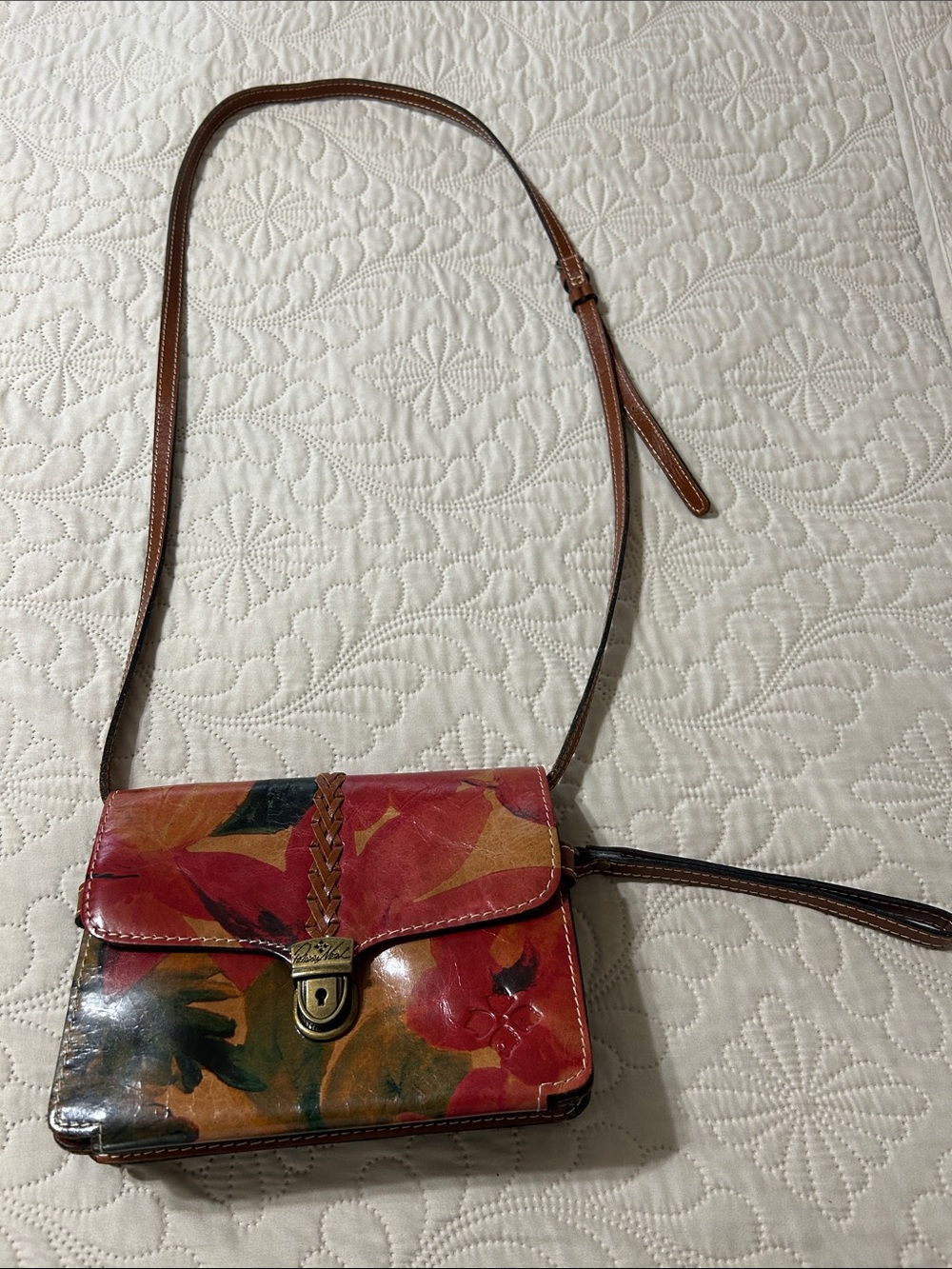 Patricia Nash Multicolor Floral Leather Crossbody with Brown Strap
